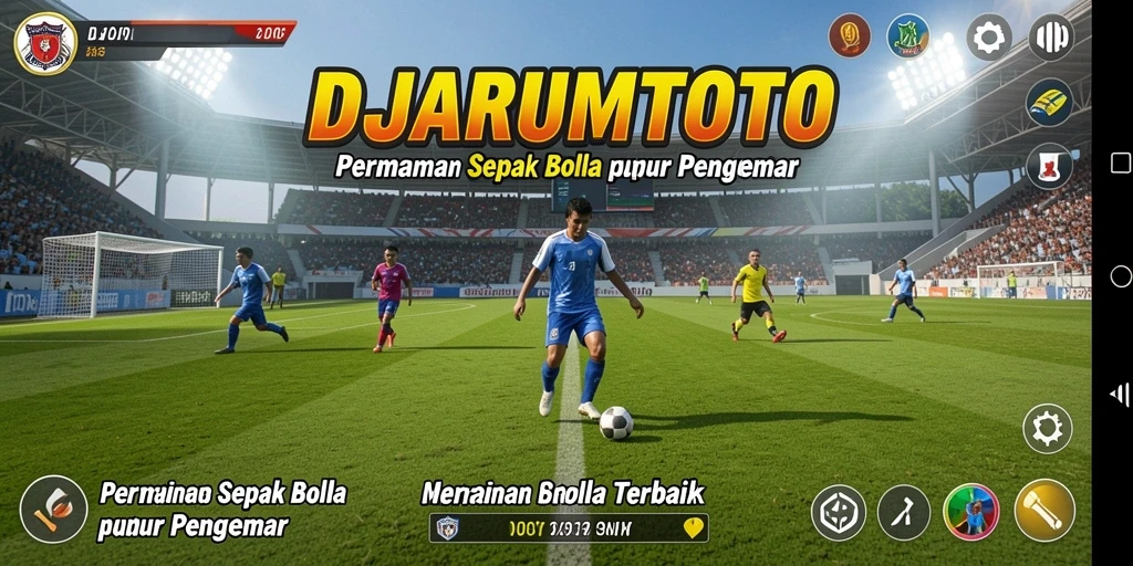 Screenshot gameplay DJARUMTOTO menampilkan aksi pertandingan sepak bola yang mendebarkan.