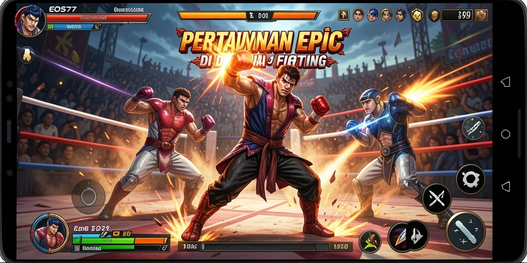 Screenshot gameplay EOS77 yang menampilkan pertarungan seru dan karakter unik.
